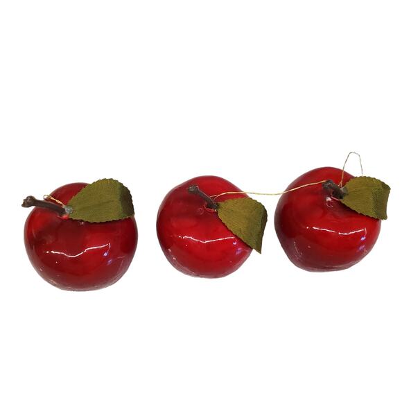 Vintage Red Apple Christmas Ornaments Light Weight Shiny Red Apples Green Silk - Picture 2 of 9